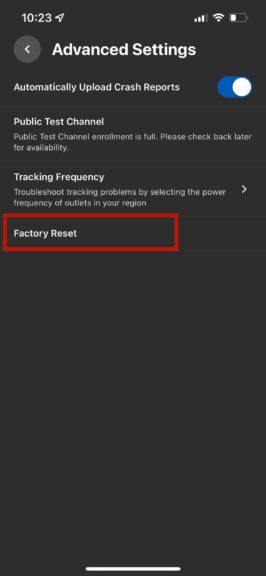 "Factory Reset" Highlighted within the Advanced Settings.