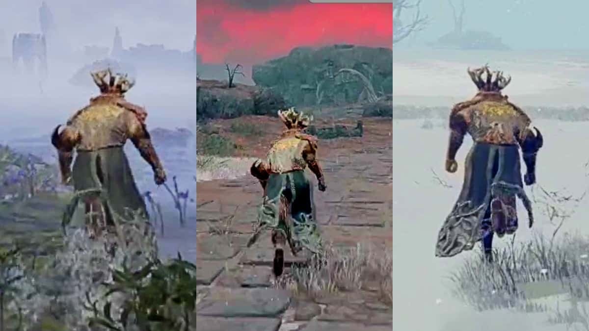 Left image is the player running in Liurnia, the center image is the player running in Caelid, and the right image is the player running through the Mountaintops of the Giants.
