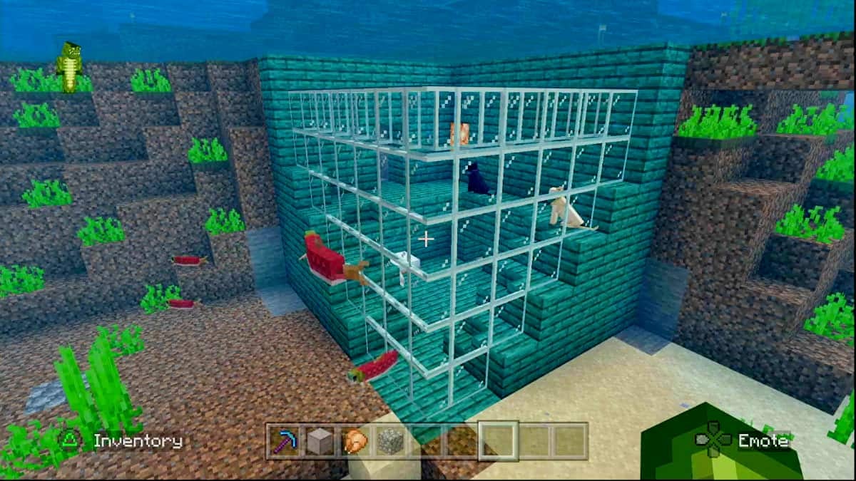 Underwater view of a bedroom made from warped wood and glass in Minecraft.