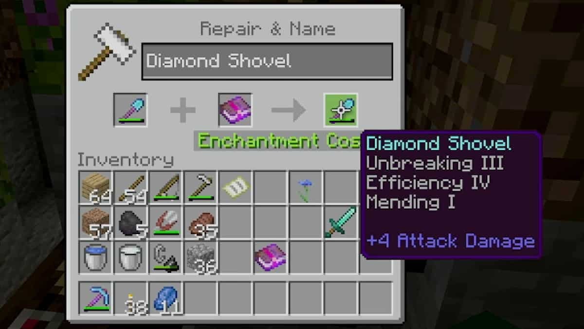 A player enchanting their diamond shovel with mending at an anvil.