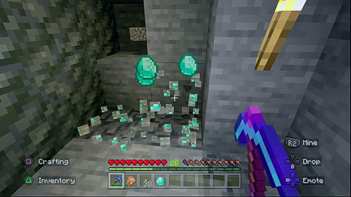 A player breaking diamond ore blocks with a diamond pickaxe. There are 3 diamonds floating above the ground.