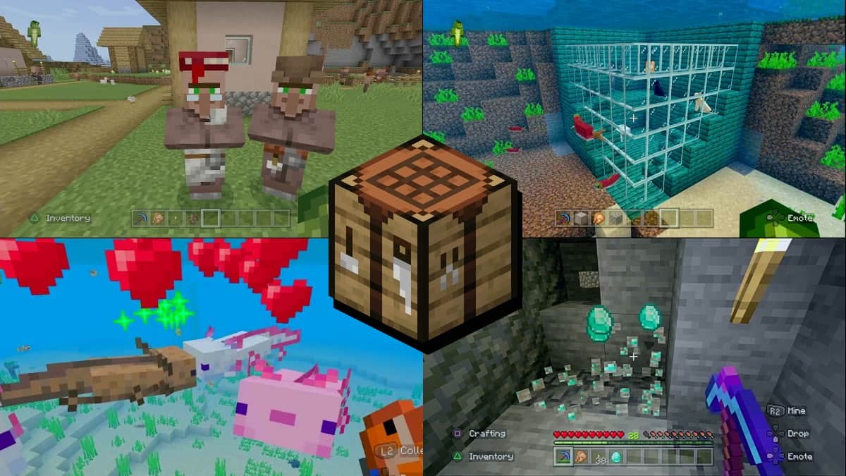 Top-left image are 2 villagers, top-right image is a glass and warped wood house underwater, bottom-left image are axolotls breeding, and the bottom-right image is a player mining diamonds. In the center, there is a crafting table with a drop shadow.