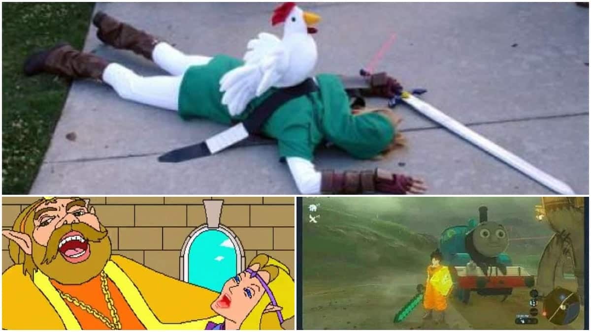 Top image is someone cosplaying as Link after getting killed by a Cucoo, the bottom-left image is a screenshot depicting King Harkinian and Princess Zelda from a Legend of Zelda CD-i game, and the bottom-right image is a modded version of Breath of the Wild that someone has insert Goku, a diamond sword from Minecraft, and Thomas the tank engine into.