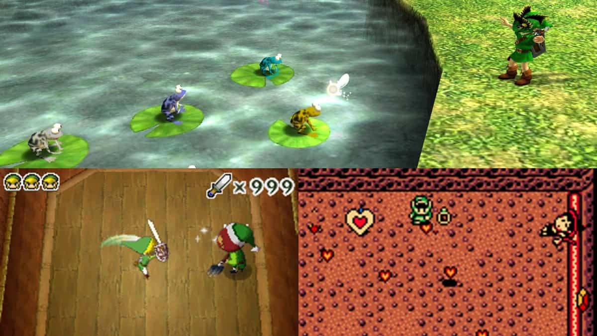 In the top image, Link is talking to the Frog Choir in Majora's Mask. In the bottom-right image, Link has knocked Maple the Witch off her broom in Oracle of Ages. And in the bottom-left image, Link if fighting Nyeve in Phantom Hourglass.