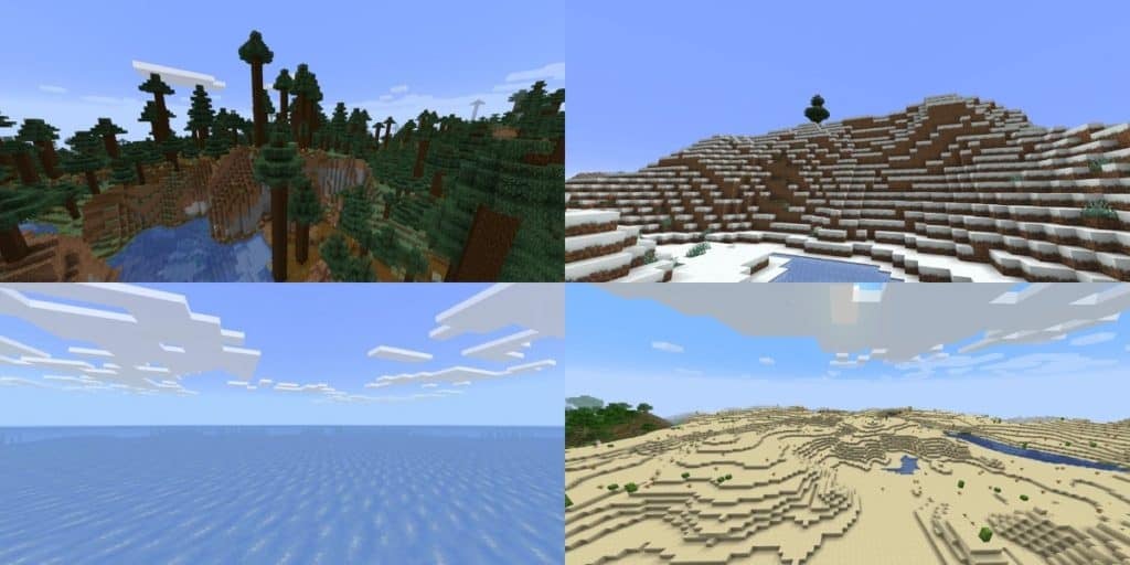 Giant taiga tree hills in the top-left, snowy hills in the top-right, legacy frozen ocean in the bottom-left, and desert hills in the bottom-right.