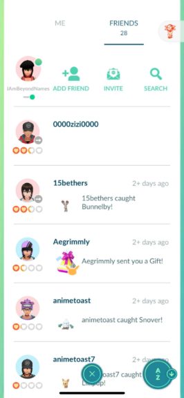 Sample Friends list from Pokémon GO.