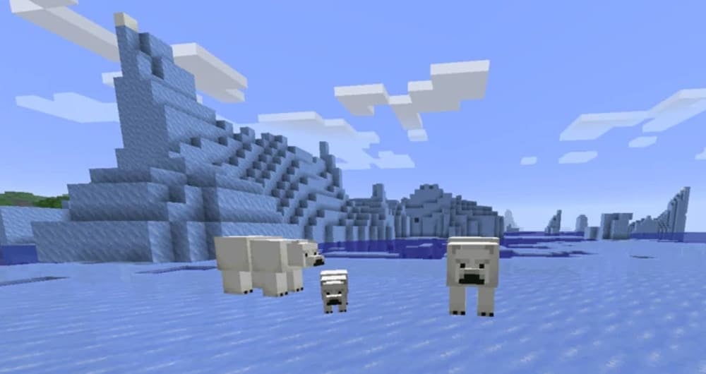 An ocean biome covered in ice. There are 3 polar bears on the ice, with 1 being a baby.