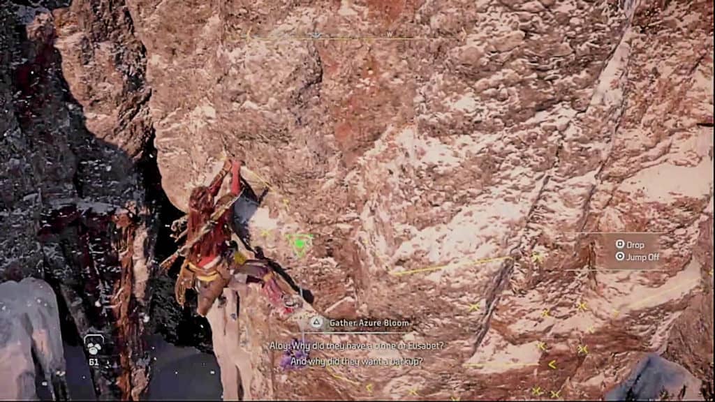 Aloy climbing a cliff and finding an Azure Bloom, which looks like a purple flower.