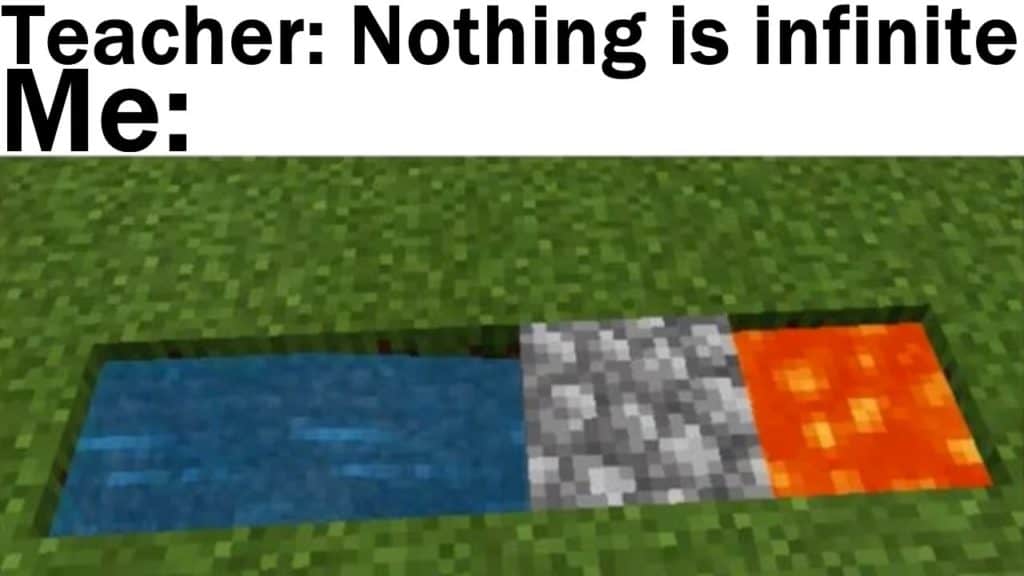 An image of a simple cobblestone generator using water and lava with text overtop refuting that "nothing is infinite".