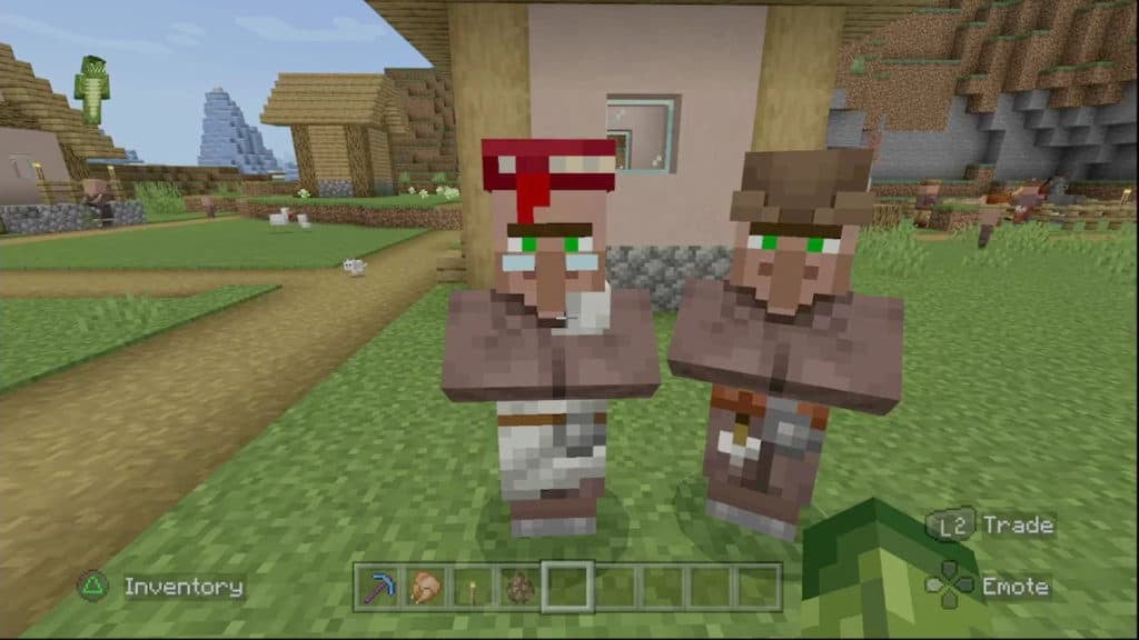 A librarian villager standing next to a leatherworker villager. The Librarian has a red hat and is wearing glasses.