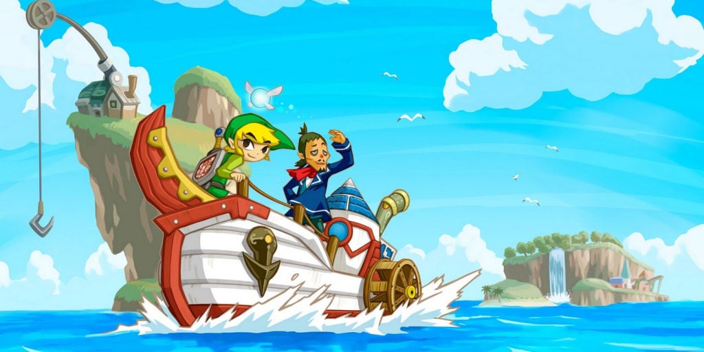 Link and captain Linebeck on a red and white boat.