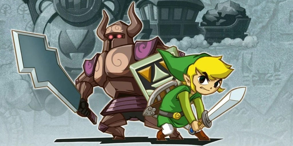 Link and an armored knight standing together in front of an image of a train.