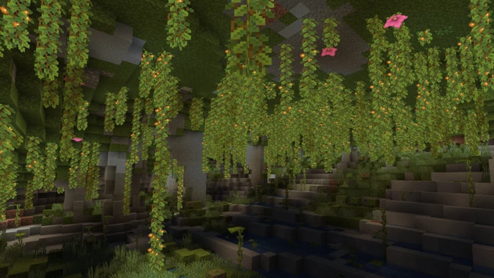 An underground location full of lush, green cave vines.