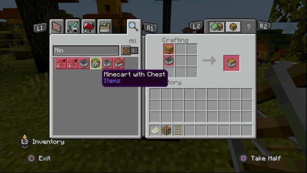 Making a Minecart with Chest by combining a Minecart and a Chest on a Crafting Table.