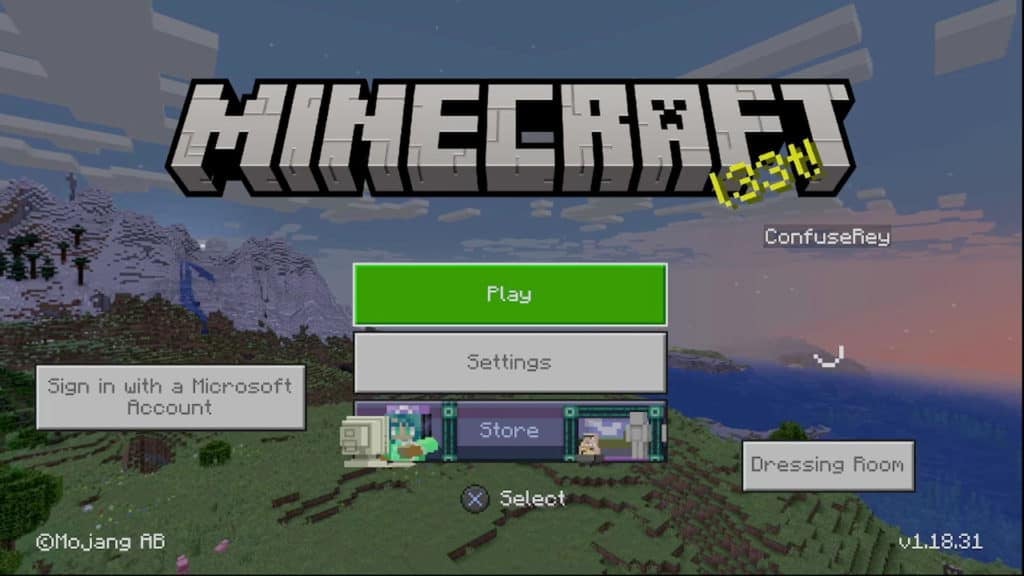 Main menu of the Bedrock Edition of Minecraft where the "Play" and "Settings" options appear below the title of the game. There is a meadow biome in the background.