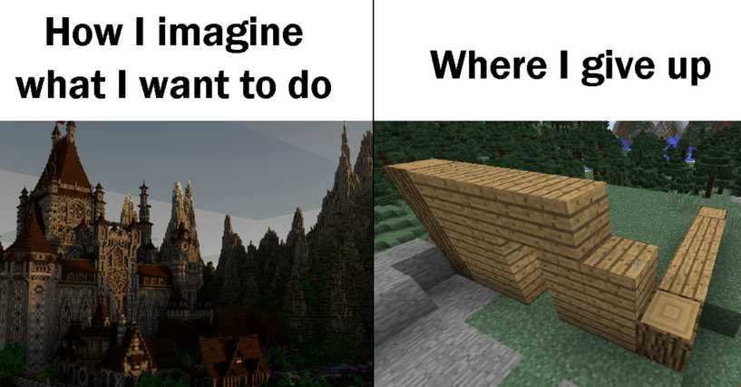 Left image showing a fancy castle and the right image showing a half-built house in Minecraft.