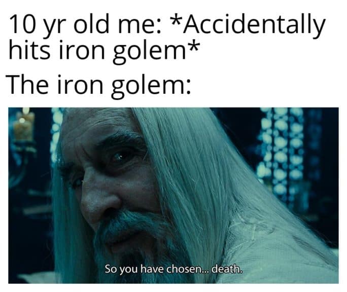 Text implying that a player accidentally hit an Iron Golem and the image below portraying the Iron Golem's reaction. The image shows a scene from The Lord of the Rings where Saruman says "so you have chosen death".