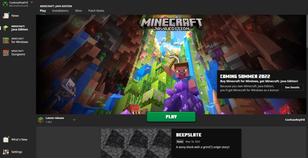 The main menu in Minecraft Java Edition. There is an image of Steve with a Pickaxe in their hand and the green "Play" button below this image.