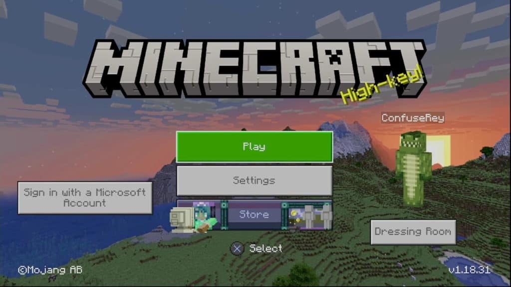 The Minecraft main menu in the Bedrock Edition with 5 buttons on screen below the title. The "play" and "settings" buttons are the most central.