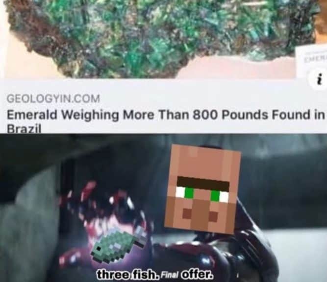 An image of a massive real-world emerald over top an image of an image of Thanos from the Marvel universe with a Villager head offering 3 raw fish in trade for the big emerald.