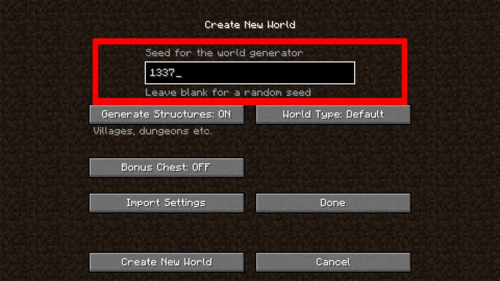 The "More World Options" menu with the text box at the top outlined in red. The number "1337" is in the text box that is used to generate a new world with a specific seed.