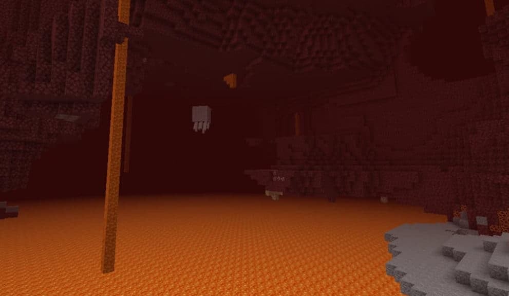 A ghast in the distance flying over a lake of lava. The area is made almost entirely of dark red netherrack.