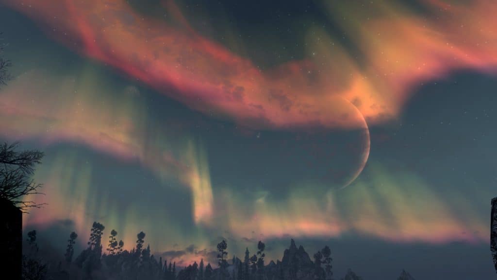 Night sky with Northern Lights and moon in Skyrim.