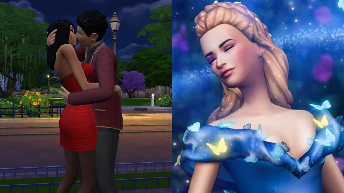 A Sim dancing on the right and two Sims kissing on the left.