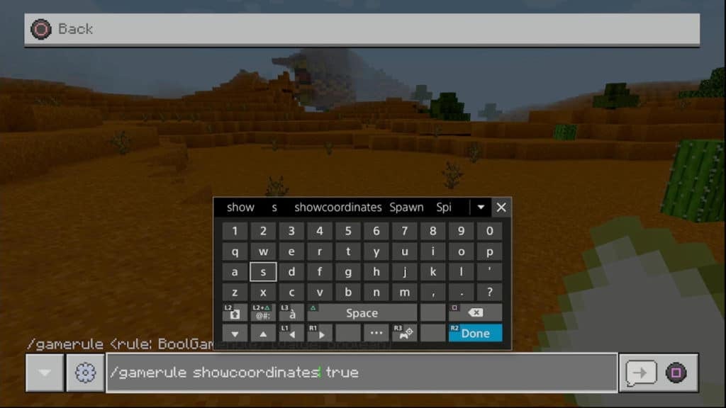 A player activating the command to show coordinates in the bedrock edition of Minecraft. The command text reads: /gamerule showcoordinates true.