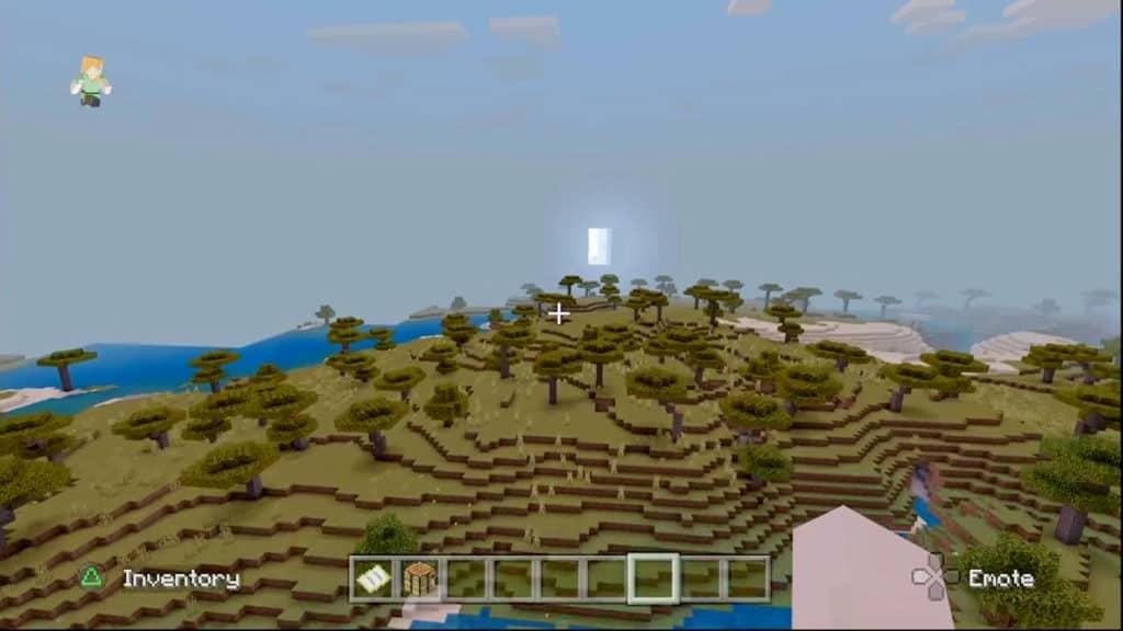 The player in creative mode flying over a Savannah Biome at dusk. There are green hills and Acacia trees everywhere.
