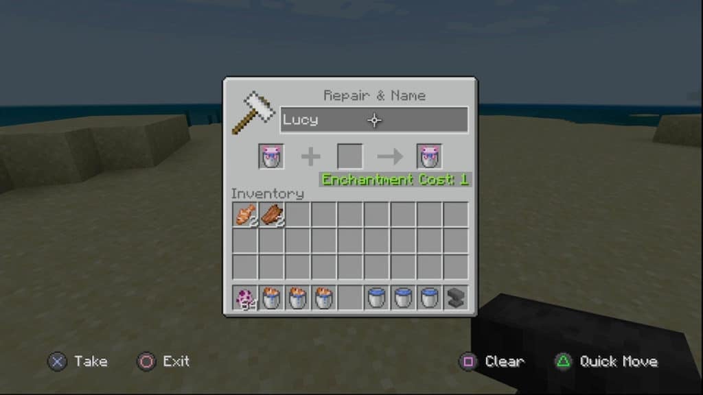 The player renaming a pink axolotl "Lucy" on an anvil.