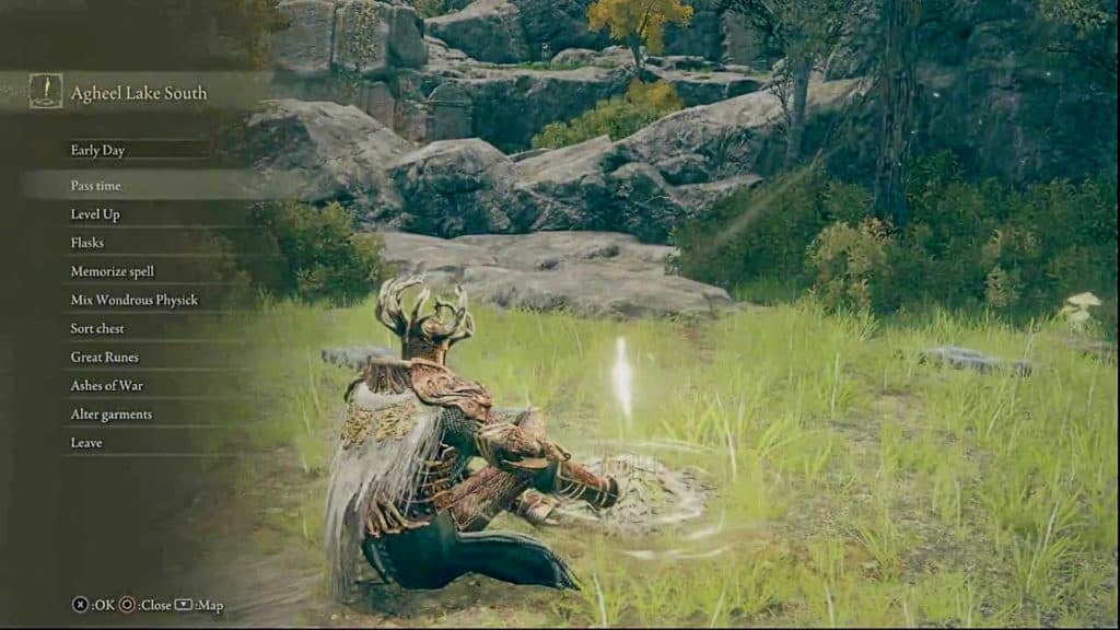A player in crucible knight armor resting at the Agheel Lake South Site of Grace.