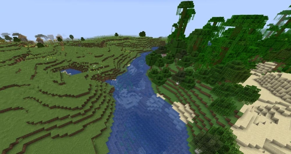 A river separating a jungle and plains biome.