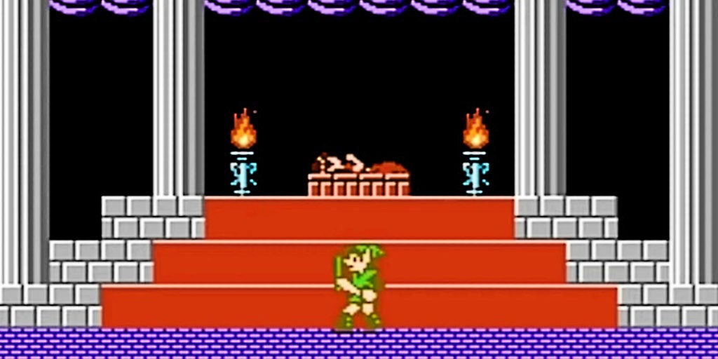 Link standing in front of the sleeping form of Princess Zelda I.