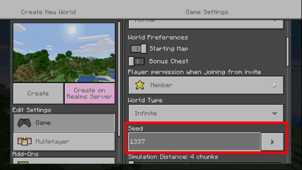The seed text box outlined in red in the Game Settings part of the screen.
