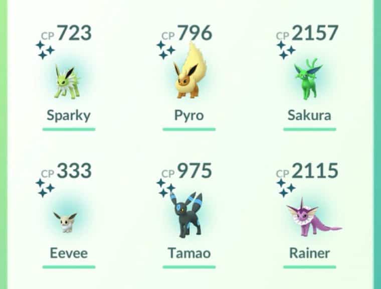 Six of the Shiny Eeveelutions with nicknames and CP in Pokémon GO.