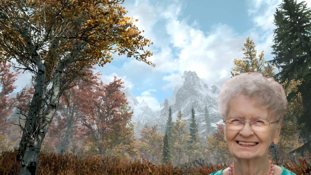 Skyrim Grandma with a background of a Skyrim landscape.