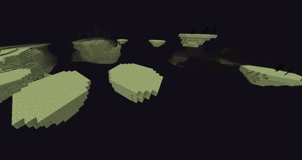 Small floating islands made of yellow end stone are floating in a dark purple void.