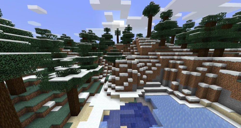 A snowy taiga on some hills.