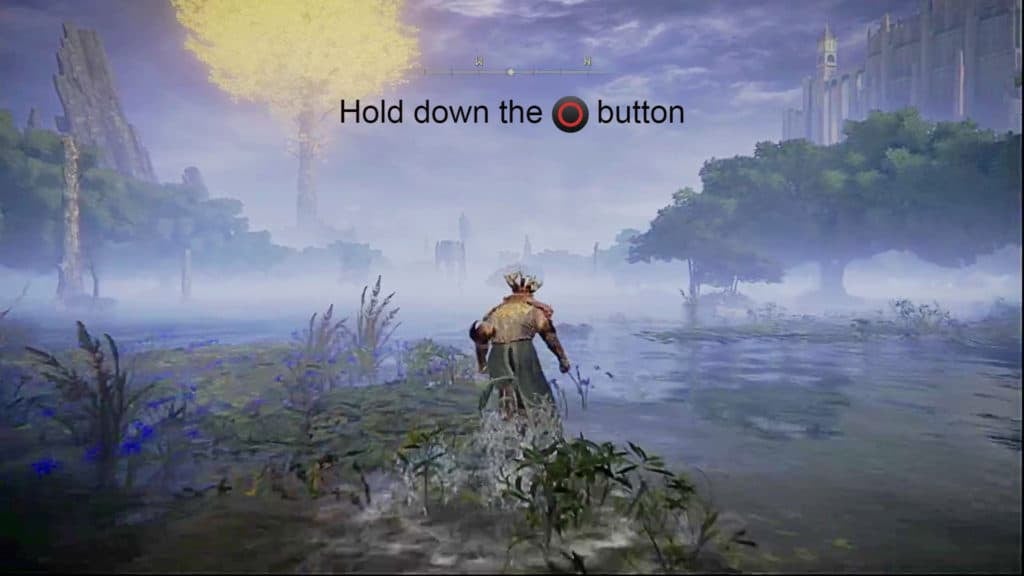 A player running through Liurnia of the Lakes while text tells them to hold down the circle button.