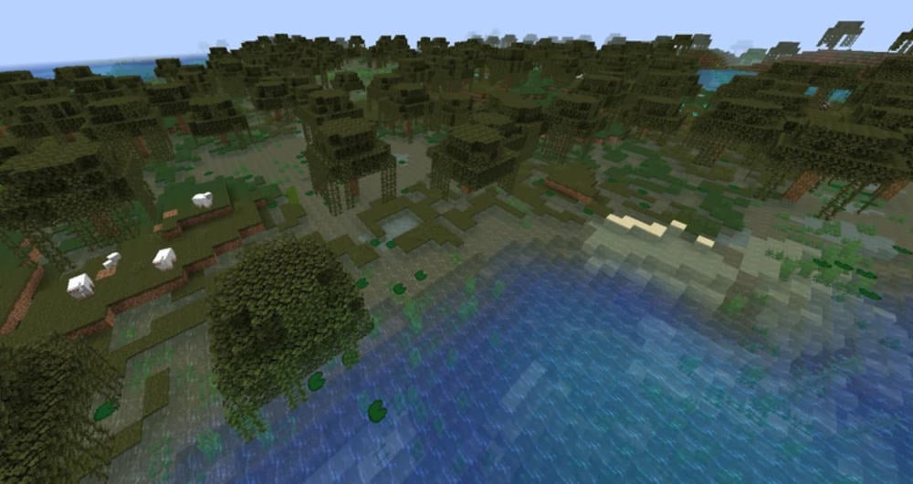 A biome with oak trees covered in vines with murky water ponds nearby.