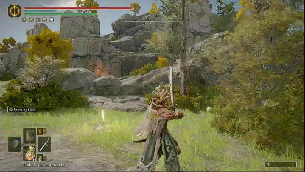 A player in crucible knight armor swinging a scimitar in a grassy area by a Site of Grace.
