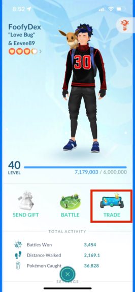 Pokémon GO friend with the Trade option highlighted.