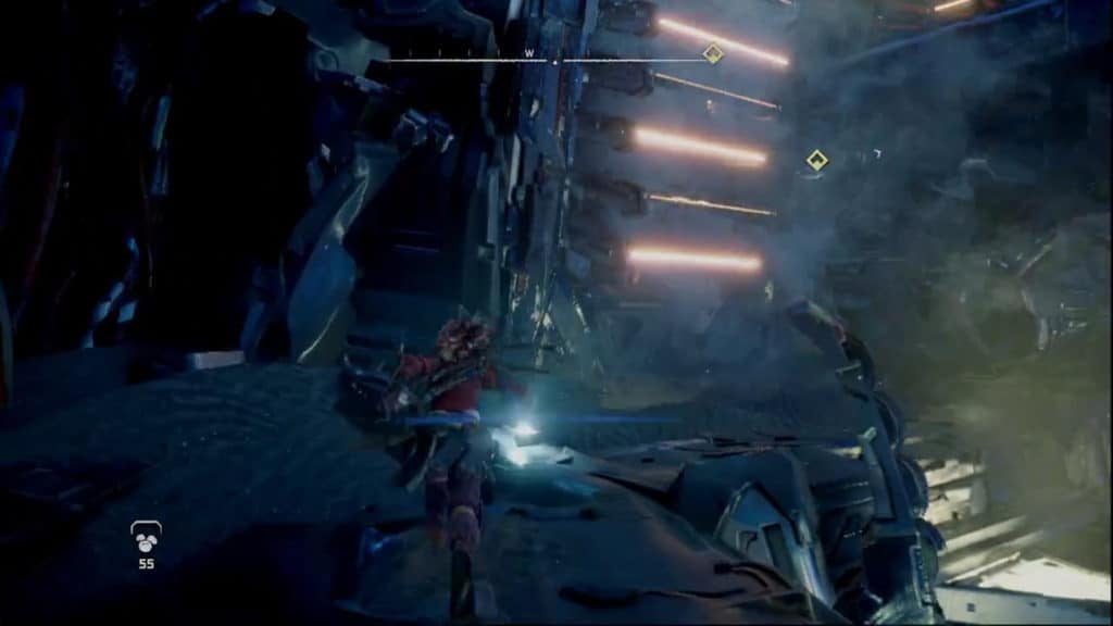 Aloy running towards the open shutters of a vertical vent that is glowing yellow.