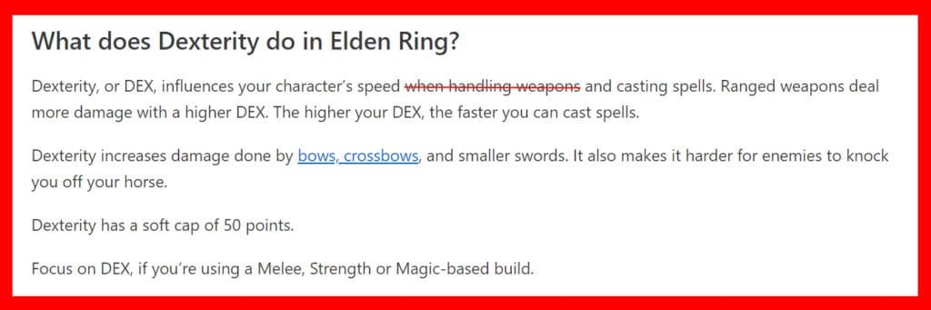 A website partially lying about what Dexterity does in Elden Ring. There is a red line through the lie.