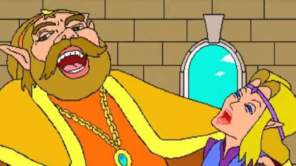 King Harkinian and Princess Zelda in a horribly animated cutscene where both their mouths are open.