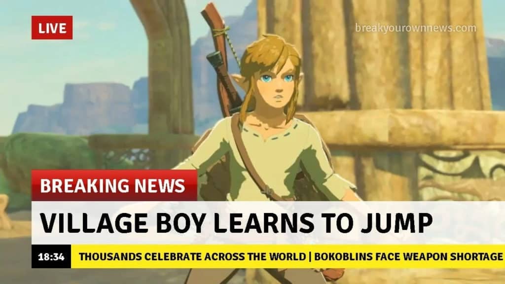 Fake news overlay of a Breath of the Wild screenshot saying that Link has learned how to jump.