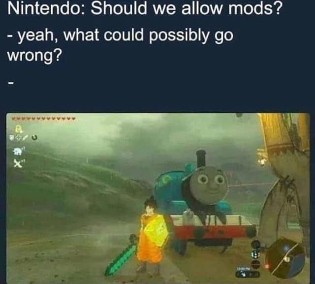 Screenshot of a modded version of Breath of the Wild where Goku, a Diamond Sword, and Thomas the Tank Engine have been inserted.