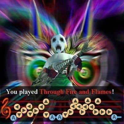 An altered image showing Link playing a guitar and trying to recreate "Through Fire and Flames" by the band Dragonforce.
