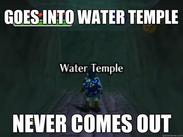 A screenshot of inside Ocarina of Time's Water Temple with text implying that you'll never get out of it.